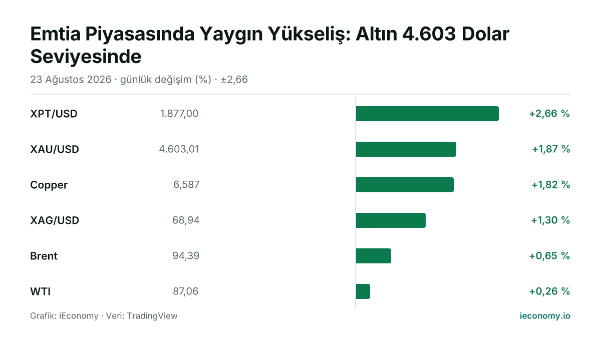 Grafik: takip edilen 6 enstrümanın günlük yüzde değişimi — en çok yükselen XPT/USD (+2,66 %), en az yükselen WTI (+0,26 %).