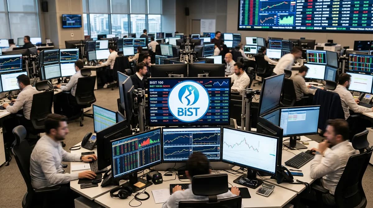 Fiyat ekranlarıyla dolu bir borsa işlem salonu ve BİST 100 panosu (temsilî görsel)